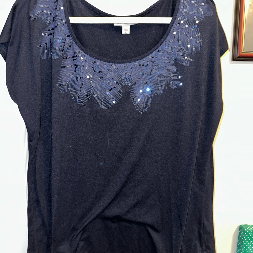 Coldwater Creek Blue Embellished Short Sleeve Blouse